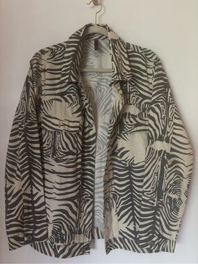 Zebra-Print Button Front Jacket in Black and Cream